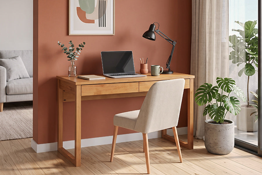 escrivaninha 120 duna nozes e cadeira rosini ambientadas no homeoffice