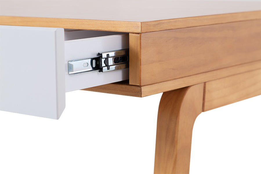 escrivaninha com gaveta mandal off white em fundo infinito detalhe corrediça