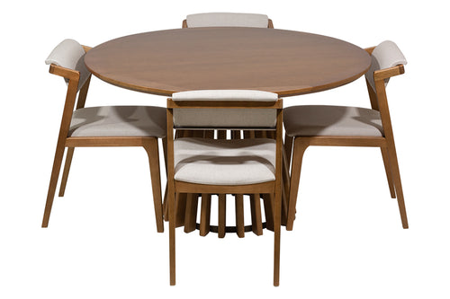 foto do conjunto de mesa de jantar didion cor avela de madeira de verdade eucalipto e quatro cadeiras estofadas santorini para sala de jantar