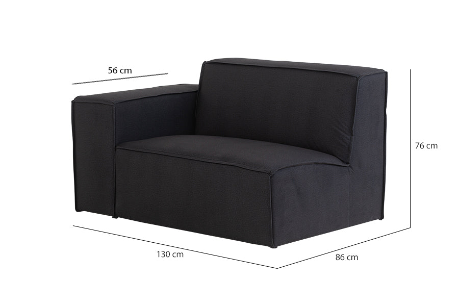 foto do sofa módulo direito maraú na cor grafite em fundo branco visto na diagonal com medidas escritas na imagem