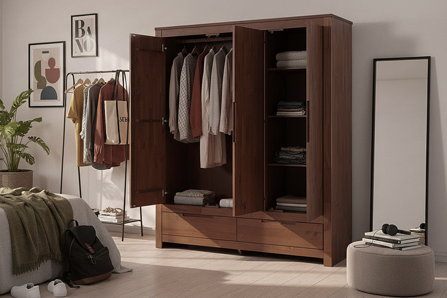 Guarda-Roupa 3 Portas e 2 Gavetas Sintonia - Amêndoa com portas abertas ambientado no quarto