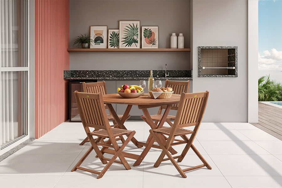 mesa 120cm dobravel e cadeiras dobravel ambientadas na area gourmet