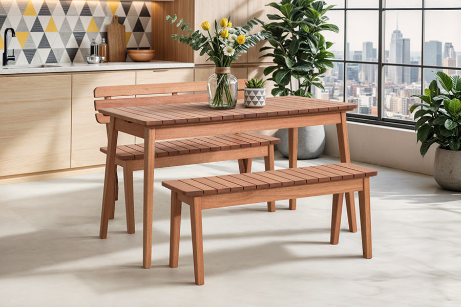 mesa 6 lugares e bancos garden ambientados na area gourmet