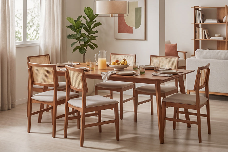 mesa 8 lugares lotus e cadeiras gal ambientados na sala de jantar