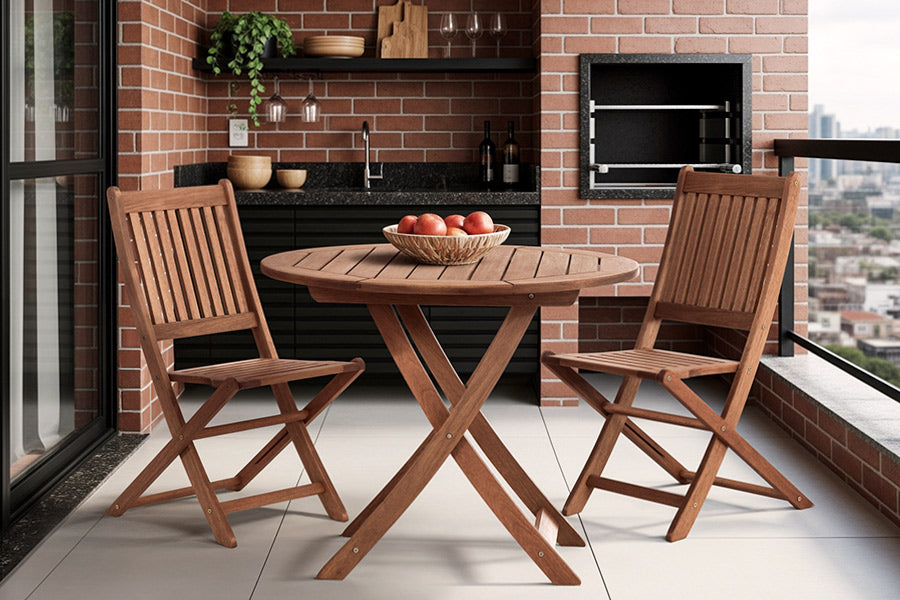 mesa e cadeiras dobravel ambientados na sacada gourmet