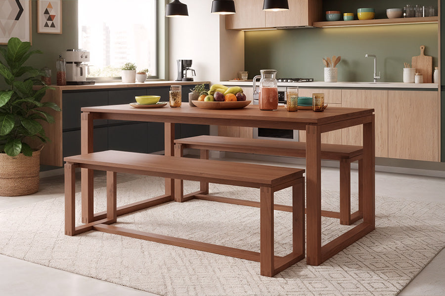 mesa e bancos prisma ambientados na cozinha