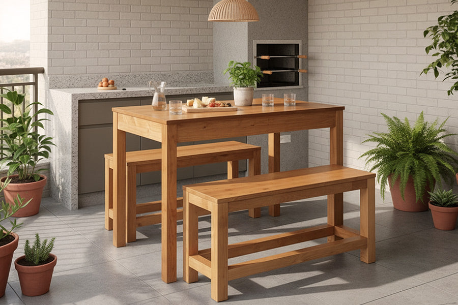 bancos e mesa puerto ambientados na churrasqueira