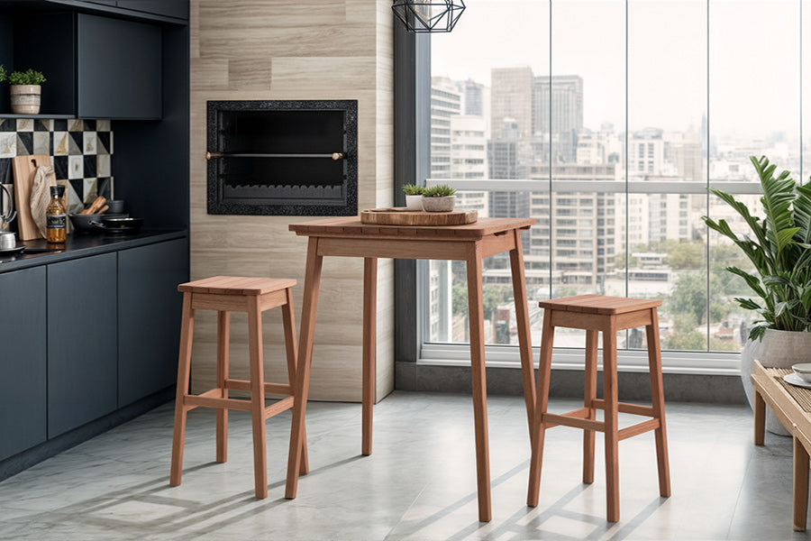 mesa bistro e banquetas alta garden ambientados na area gourmet