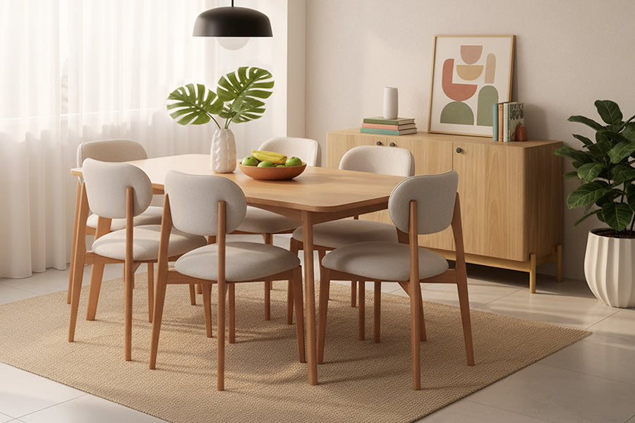 mesa de jantar e cadeiras maria bege ambientadas na sala de jantar