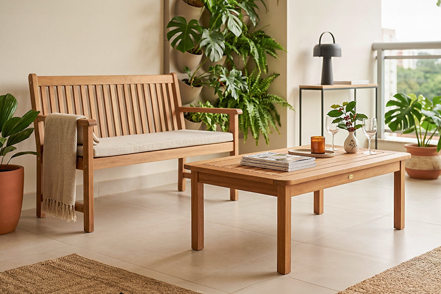 mesa de centro recanto ambientado na varanda coberta