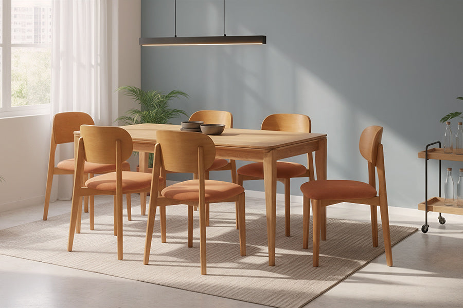 mesa coimbra 160 e cadeiras maria terracota ambientadas na sala de jantar
