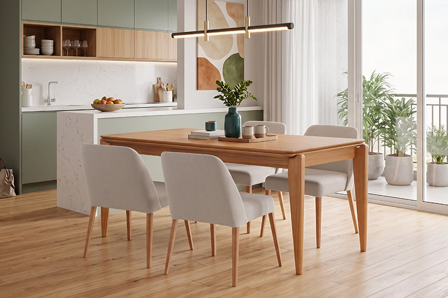 mesa coimbra e vadeiras rosini ambientadas na sala de jantar