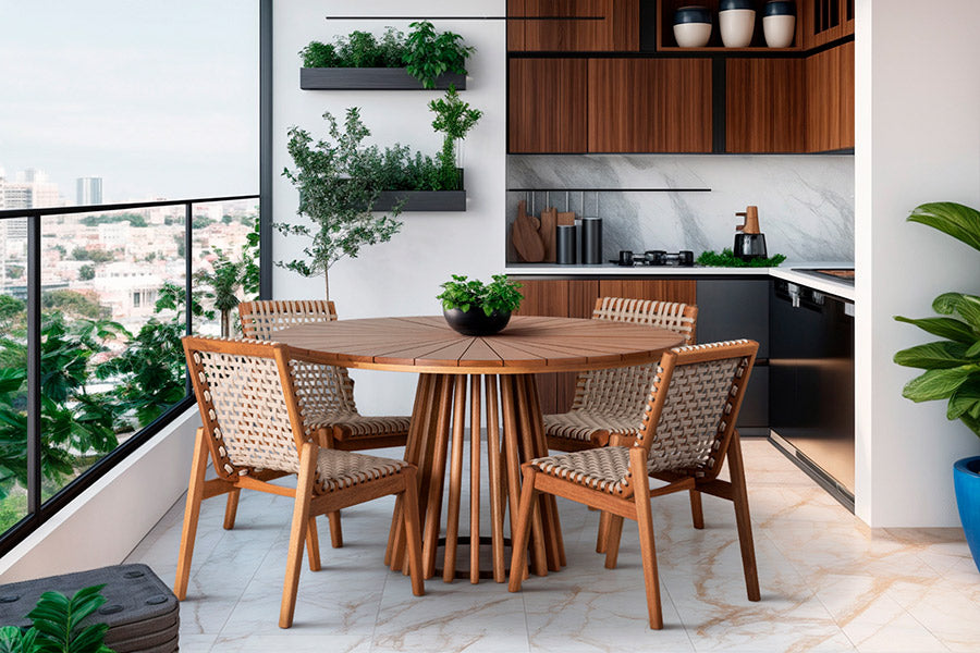 mesa de jantar gourmet mel com quatro cadeiras trama corda areia ambientadas na area gourmet
