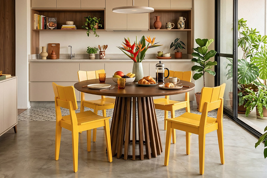 mesa didion e cadeiras uma amarela ambientadas na cozinha