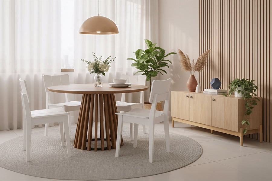 mesa didion com cadeiras ma branca e rack aruna ambientados na sala de jantar