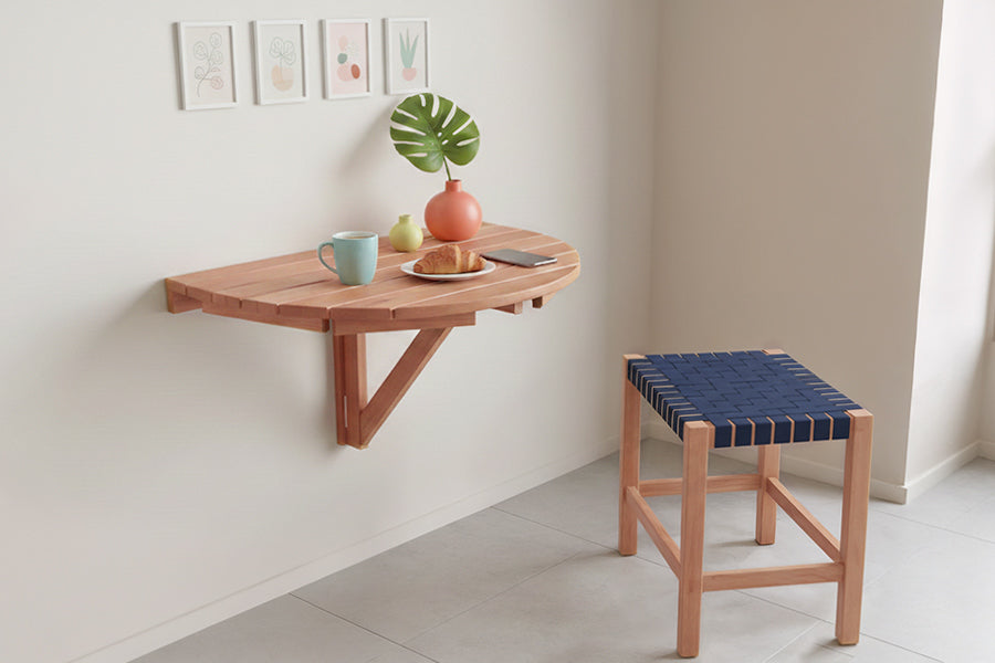 mesa dobravel legno e banqueta baixa tape ambientadas