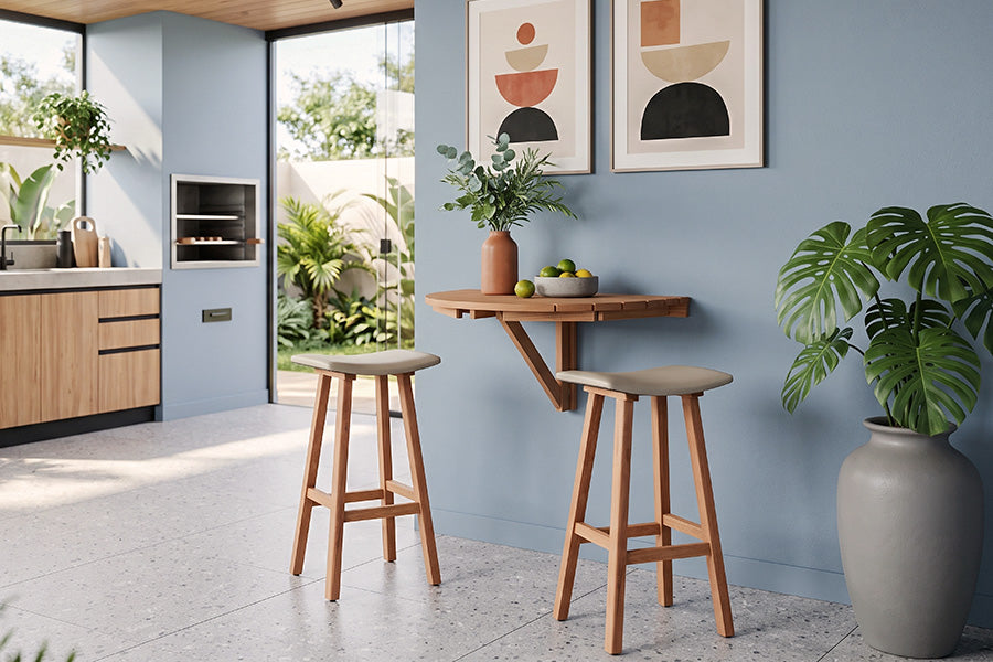 banquetas ipanema e mesa dobravel legno ambientadas na churrasqueira
