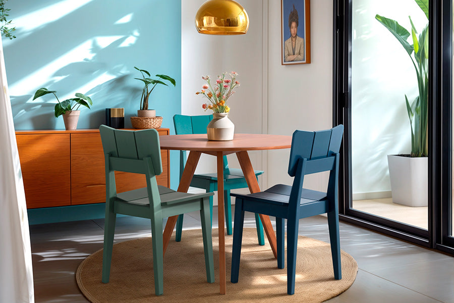 mesa de jantar eme castanho com dadeiras uma ver azul e verde escuro ambientados na sala de jantar