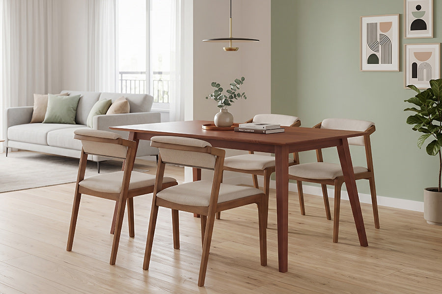 mesa lotus e cadeiras santorini ambientados na sala de jantar
