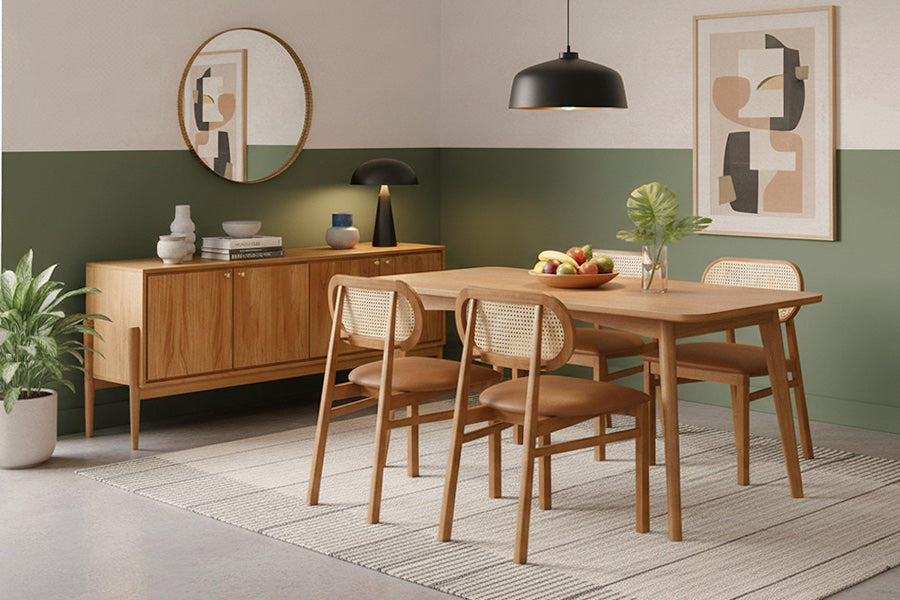 mesa maria cadeiras savoy e buffet grace ambientados na sala de jantar