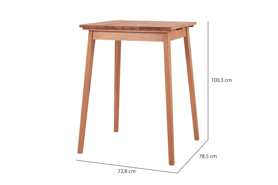 mesa quadrada alta bistro garden castanheira em fundo infinito visto de frente com medidas importantes descritas na imagem