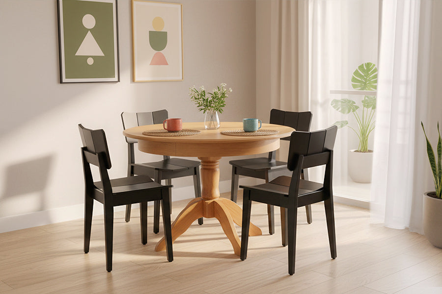 mesa de jantar tea e cadeiras uma preta ambientadas nas sala de jantar