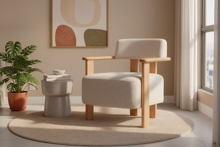 poltrona faether bege ambientado na sala de estar