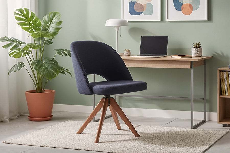 poltrona giratoria moon azul marinho ambientado no home office