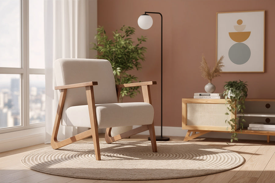 poltrona lana bege ambientado na sala de estar