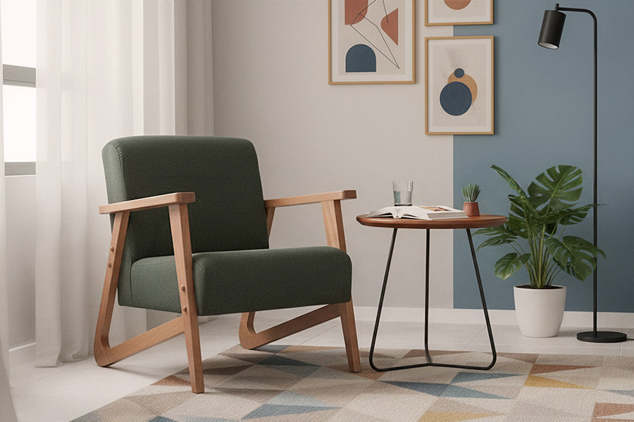 poltrona lana verde e mesa lateral 52 jade ambientadas na sala de estar