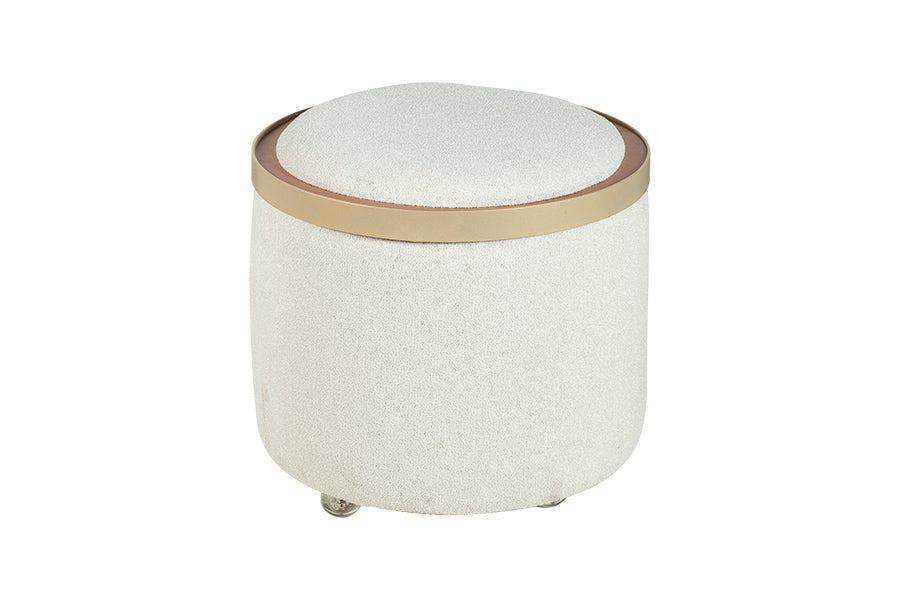 puff bau estofado que vira mesa de centro cor bege visto de frente em fundo branco