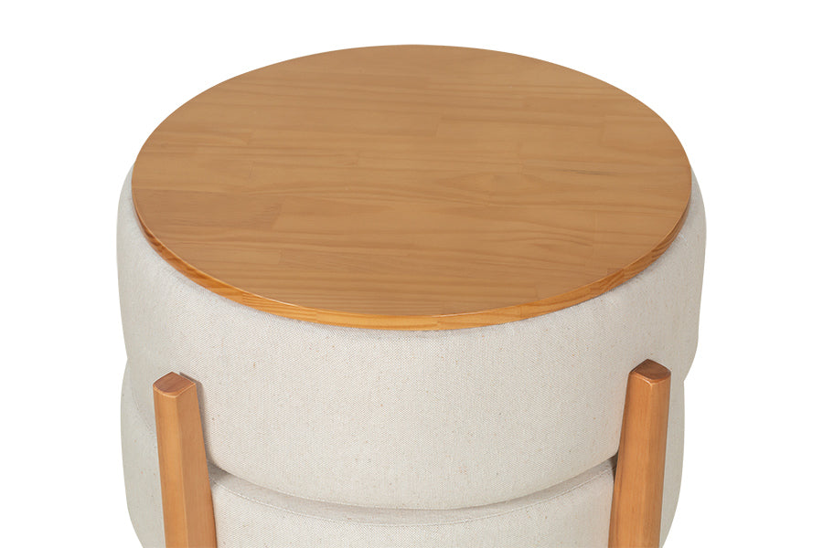 puff mesa macaron na cor amêndoa e tecido bege detalhe tampo