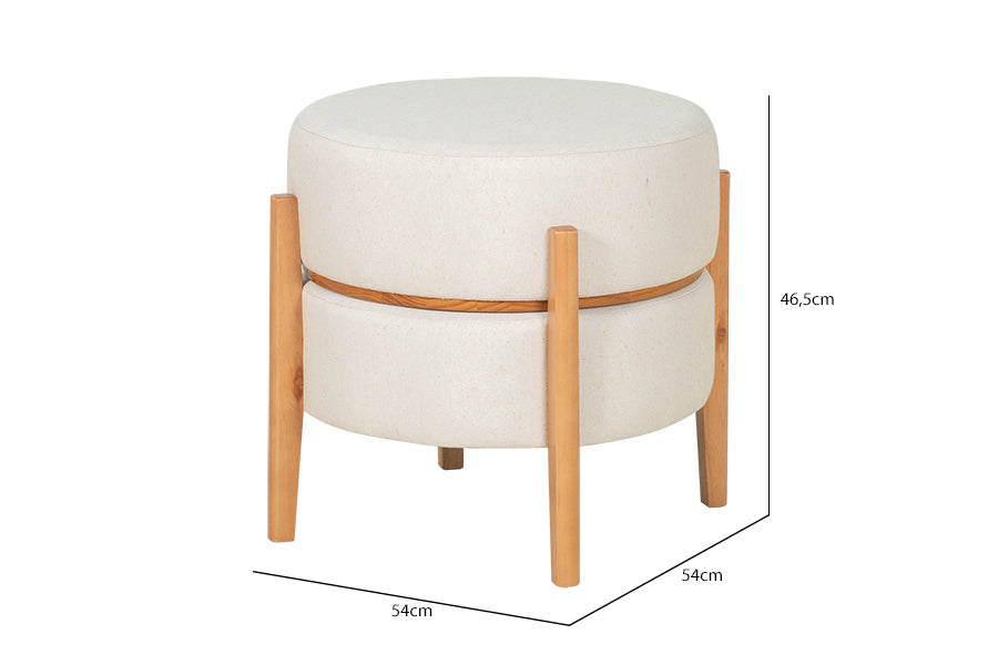 puff mesa macaron na cor amêndoa e tecido bege visto na diagonal em fundo branco com medidas
