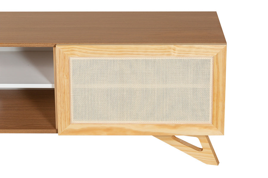 rack para sala yono freijó e rattan mostrando detalhe porta em fundo branco