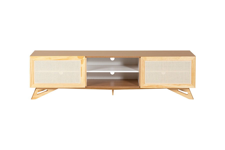 rack para sala yono freijó e rattan visto de frente em fundo branco