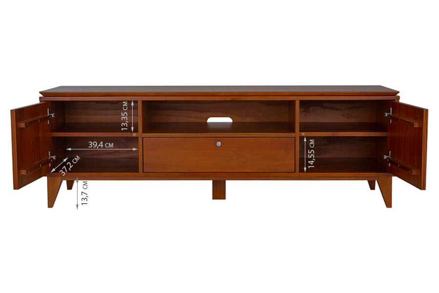rack tv lotus caramelo visto de frete com portas abertas mostrando medidas internas