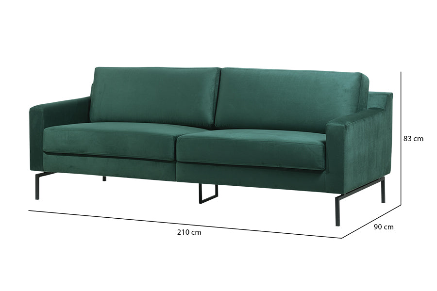 sofa 3 lugares berlin verde visto na diagonal com medidas descritas na imagem