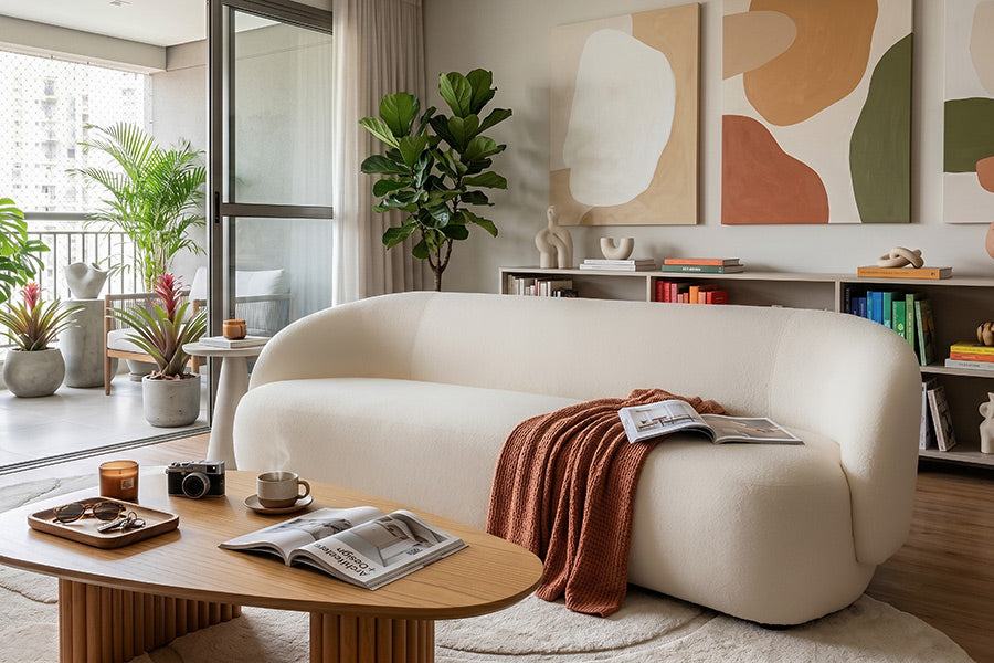 sofa 3 lugares cascais bege ambientado na sala de estar