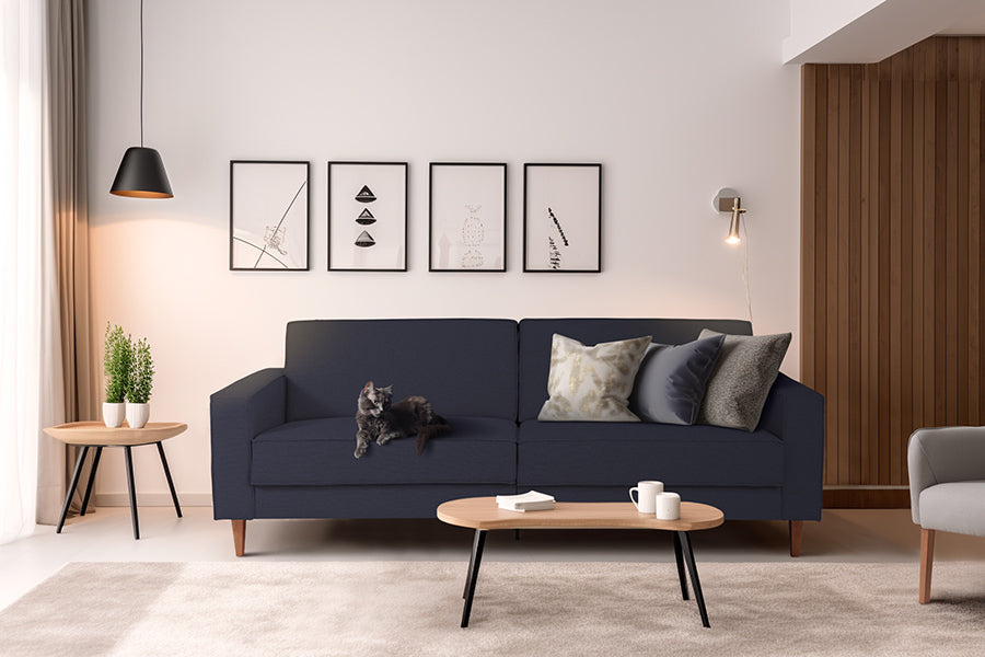 sofa confortável 3 lugares nairobi azul marinho ambientado em sala de estar