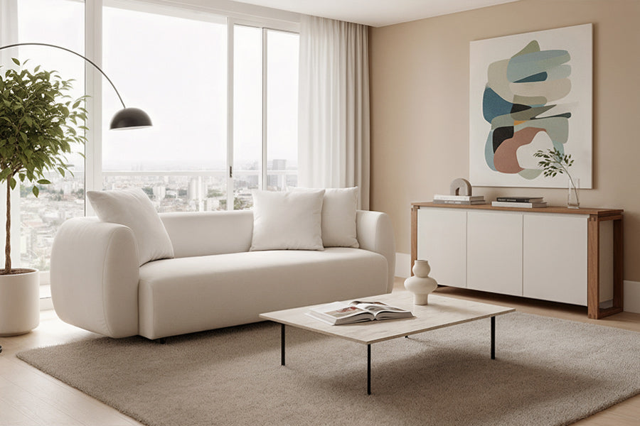 sofa algarve bege e buffet prisma ambientados na sala de estar