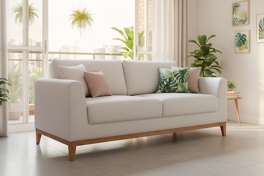 sofa chanfre 1,80 linho ambientado na sala de estar