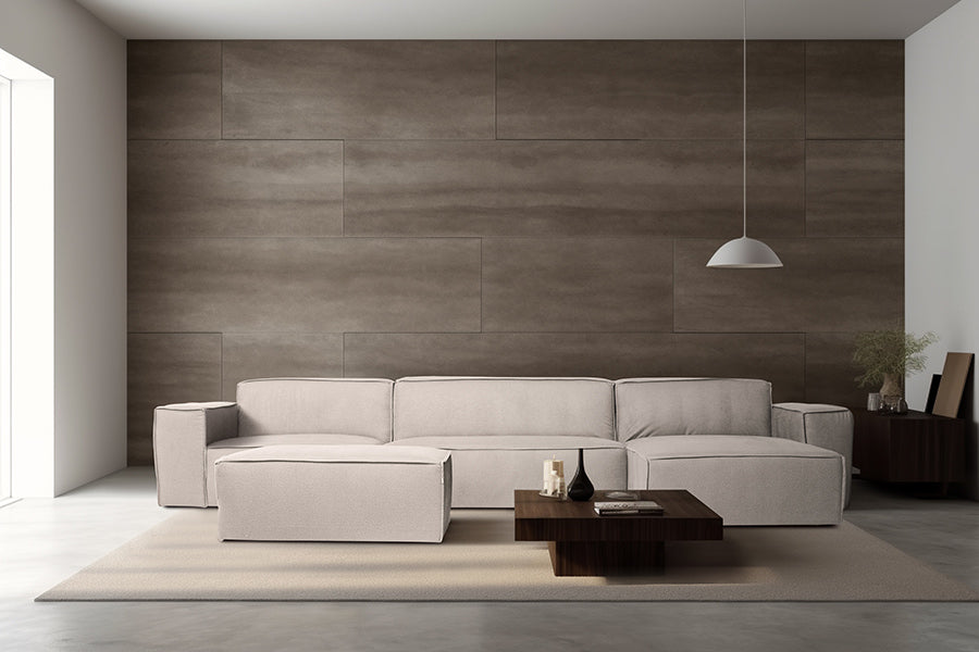 foto ambientada do sofá 2 lugares módulo central maraú na cor bege visto de frente em sala de estar