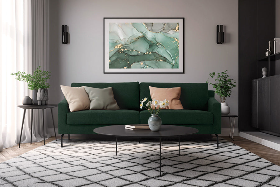 sofa verde 3 lugares berlin verde ambientada na sala visto de frente