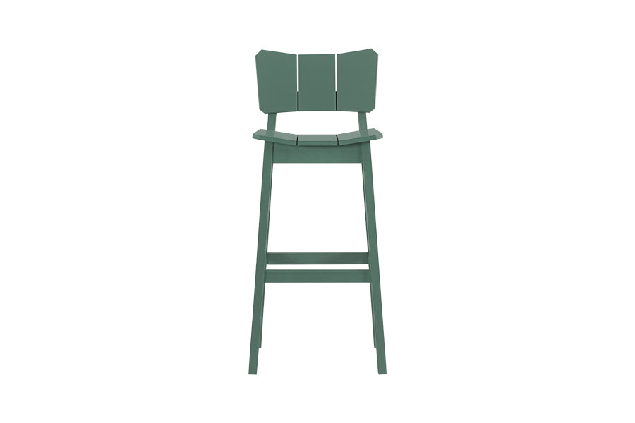 foto da banqueta para bancada alta uma na cor verde escuro vista de frente em fundo branco