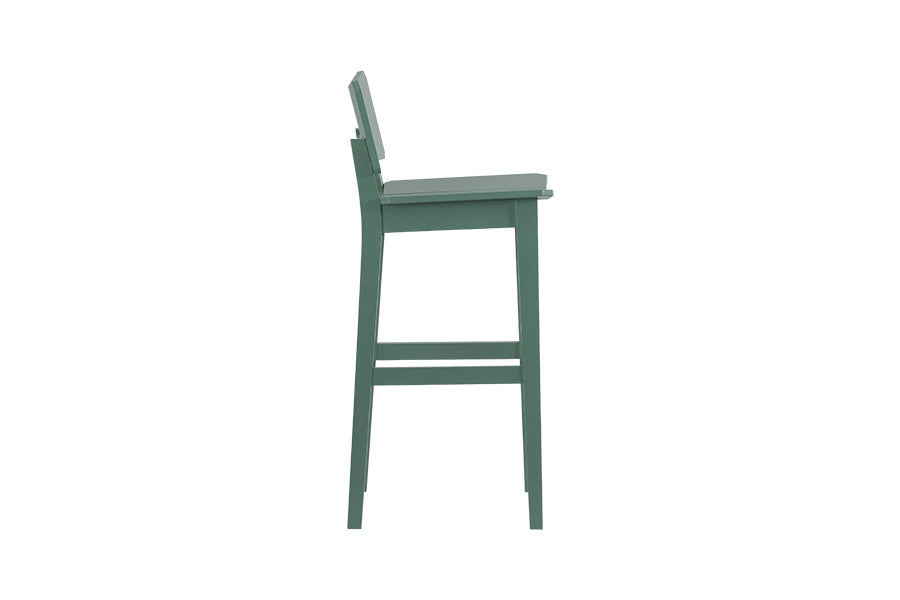 foto da banqueta alta com encosto uma na cor verde escuro vista de lado em fundo branco