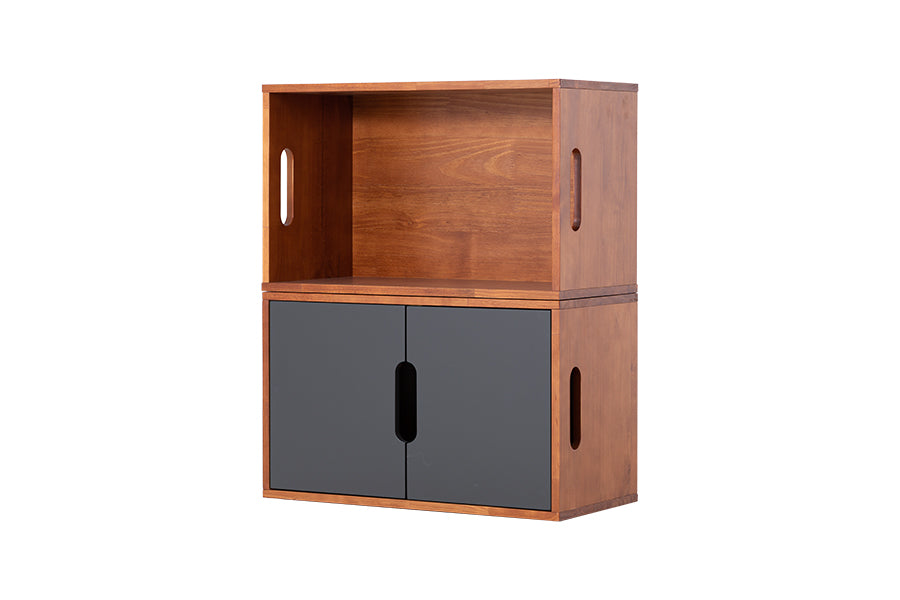 caixa organizadora de madeira módulo 60x37 box com portas grafite em fundo infinito com dois caixotes empilhados