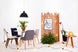 ambiente com cadeira rosini base trigo e tecido cinza visto de tras envolta de uma mesa redonda branca e com outras cadeiras ao redor