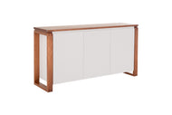 buffet aparador para sala 3 portas prisma garapa e off white em fundo infinito visto na diagonal