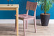 cadeira de madeira uma rose vista na diagonal com planta atras dela e cadeira de jantar ao lado