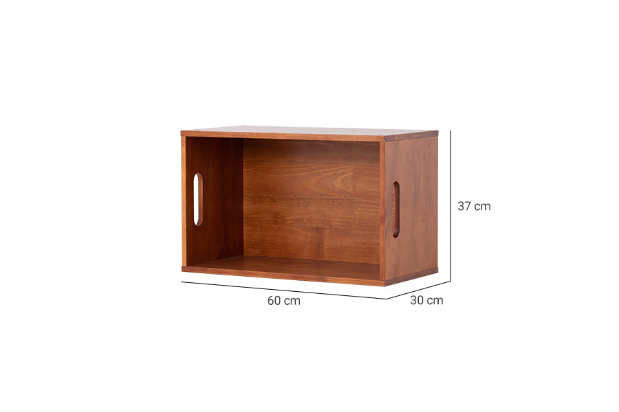 caixa madeira organizadora módulo 60x37 box caramelo em fundo infinito visto em diagonal com medidas importantes descritas na imagem